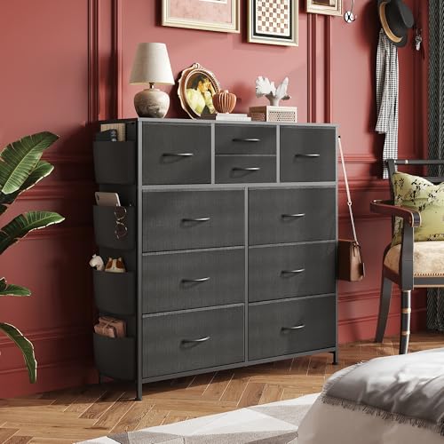 10 Drawer Black Fabric Dresser for Bedroom, Side Pocket & Hooks Chest, view 3