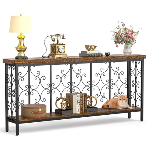 70.9" Extra Long Console Table, Industrial Narrow Sofa Table Behind Couch with 2 Tier Storage Shelf, Entryway Hallway Accent Table for Living Room, Foyer, Rustic Brown