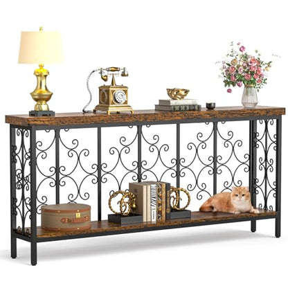 70.9" Extra Long Console Table, Industrial Narrow Sofa Table Behind Couch with 2 Tier Storage Shelf, Entryway Hallway Accent Table for Living Room, Foyer, Rustic Brown