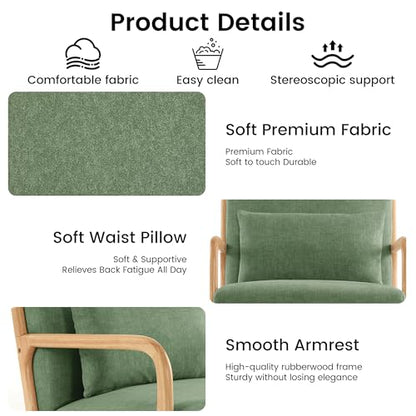 Mid Century Modern Accent Chair with Lumbar Pillow, Upholstered Chair for Living Room, Accent Chair with Solid Wood Frame Reading Chair Armchair for Bedroom Small Spaces, Green