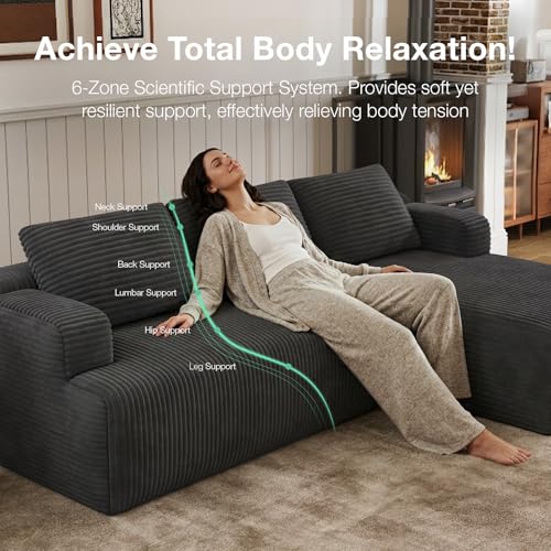 L-Shape Sectional Couches for Living Room with Smarts Coil® Support, 3 Seater Sectional Sofas for Living Room Bedroom, Corduroy Cloud Couch Sectional, No Assembly(Dark Grey, Right Hand Facing)