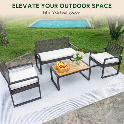 Wicker Patio Furniture Outdoor Conversation Set of 4, Rattan Outdoor Furniture Set, Acacia Wood Table, 2 Chairs, 1 Loveseat, 2” Cushions, All Weather Set for Patio, Porch, Balcony (Black)