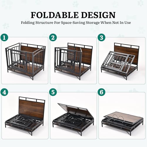31.5" Foldable Dog Crate Furniture with 360° Swivel Feeding Bowls, view 3