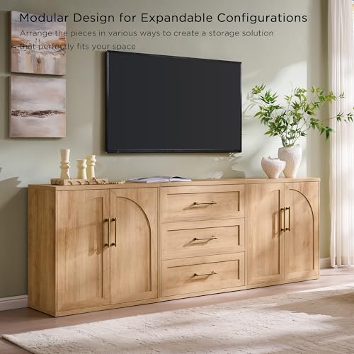 Arched Door Sideboard Buffet Cabinet Set of 2, Accent Cabinet with Adjustable Shelf, Wood Modular Credenza Storage Cabinet for Dining Room, Living Room, Entryway, Natural Oak