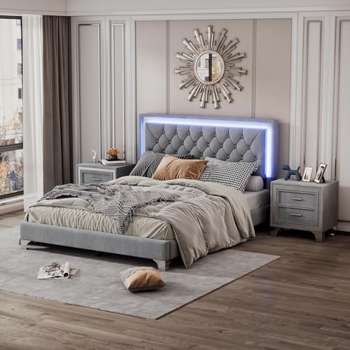3-Pieces Bedroom Sets, Harper & Bright Designs Queen Size LED Velvet Platform Bed Frame with LED Lights & Tufted Headboard, Wood Slat Support, No Box Spring Needed, Easy Assembly (Grey)