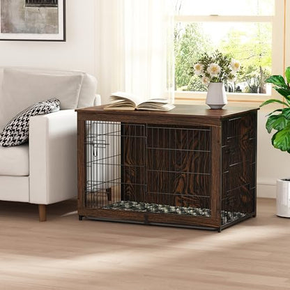 Wooden Dog Crate Furniture with Cushion, Dog Crate End Table with Tray, view 2