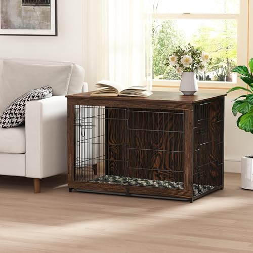 Wooden Dog Crate Furniture with Cushion, Dog Crate End Table with Tray, view 2