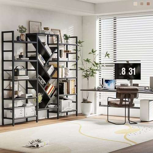70x70” Triple 5 Tier Book Shelf, Large Wooden Bookcase with 17 Open Display Shelf, Modern Tree Bookshelf Metal Frame Tall Book Case Furniture for Living Room Bedroom Home Office Black