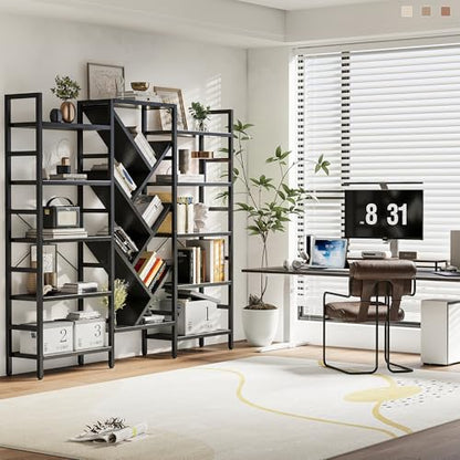 70x70” Triple 5 Tier Book Shelf, Large Wooden Bookcase with 17 Open Display Shelf, Modern Tree Bookshelf Metal Frame Tall Book Case Furniture for Living Room Bedroom Home Office Black