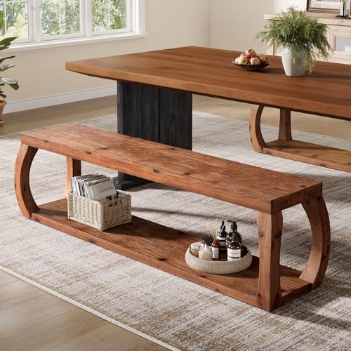 59" Long Solid Wood Dining Bench with 2-Tier Design | Farmhouse Entryway Bench with Open Shelves for Kitchen, Entry, Living Room, Bedroom, Hallway, Rustic Brown