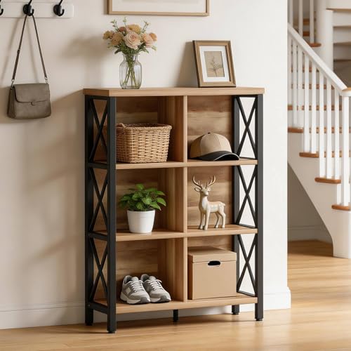 Bookcase, 6 Cube Storage Organizer Shelf, Wood and Metal Cubby Book Shelf, Industrial 4 Tier Cube Bookshelf (Rustic Oak)
