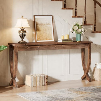 63-Inch Solid Wood Console Table for Entryway | Farmhouse Narrow Long Sofa Table with Curved Legs, Brown