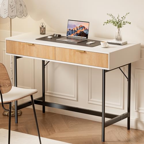 45 Inch White Desk with Drawers, Small Writing Desks for Bedroom, view 2