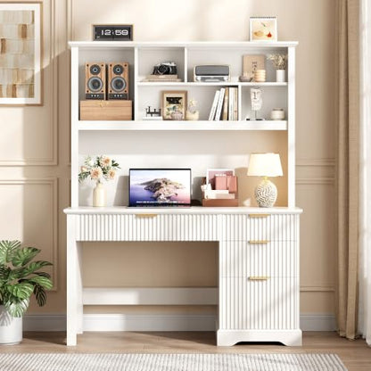 Fluted Computer Desk with Hutch and Ample File Drawer, White, view 2