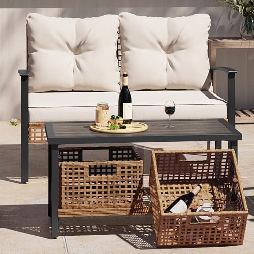 Outdoor Patio Loveseat with Coffee Table Set of 2, 2 Pieces Comfortable Oversized Wicker Furniture Conversation Set, Rattan Bistro Set for Backyard, Porch, Garden and Poolside, Beige
