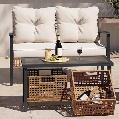 Outdoor Patio Loveseat with Coffee Table Set of 2, 2 Pieces Comfortable Oversized Wicker Furniture Conversation Set, Rattan Bistro Set for Backyard, Porch, Garden and Poolside, Beige