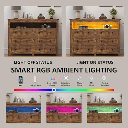 Dresser for Bedroom with 6 Drawers, LED Lights, Power Outlet, Brown, view 4