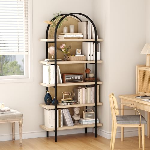 Bookshelf Rattan 5 Tier Arched Bookcase, 74" Tall Industrial Open Book Shelves for Living Room, Modern Freestanding Display Shelving Boho Storage Rack with Metal Frame for Office, Brown