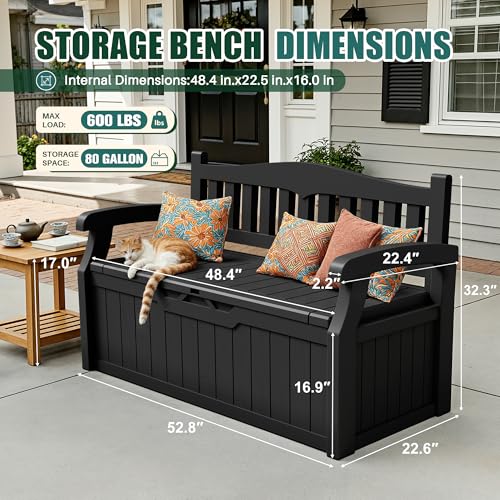 80 Gallon Storage Bench Deck Box Lockable for Patio Furniture, Garden Decor and Outdoor Seating for Cushions, Garden Tools and Pool Supplies (Black)