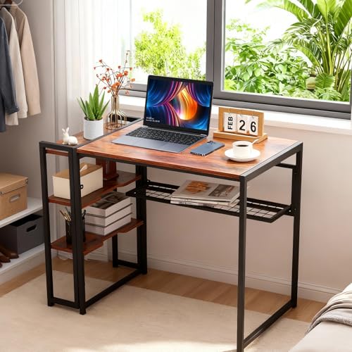 38.6 inch Folding Desk Writing Computer Desk with Storage Shelf,Spaces Saving Writing Sturdy Table No Assembly,for for Bedroom, Home Office, Dorm, Apartment, Brown