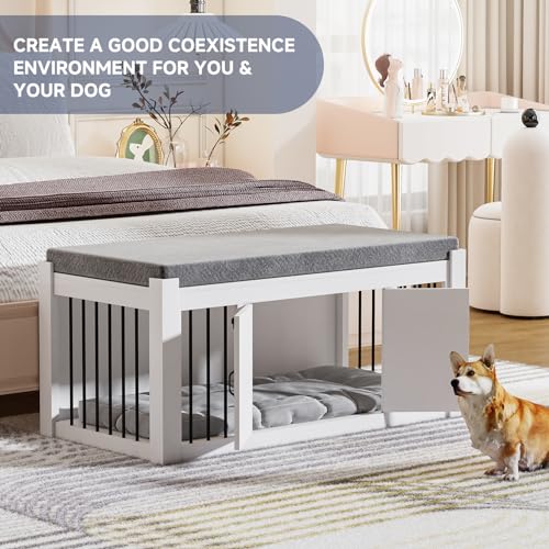 Dog Crate Furniture with Padded Seat, Luxury Wooden Dog Kennel, view 6