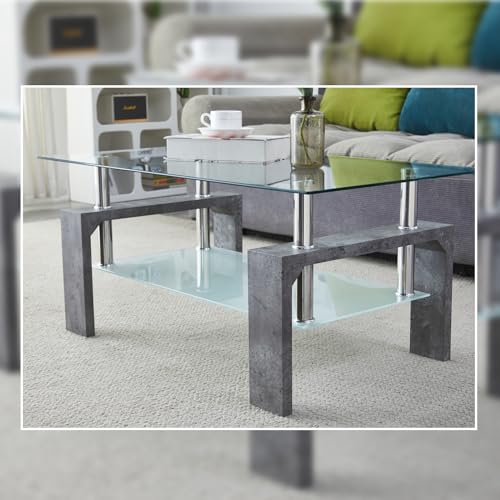 Coffee Table - Rectangle Glass Coffee Table with Simple and Classical Inspired Design, Easy Assembly for Modern Living, 39.5 * 23.5 * 17.5 inches (Grey Marble)