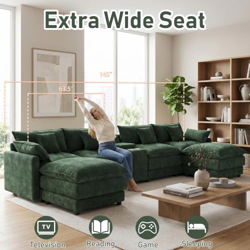 145" Oversized Modular Sectional Sofa U Shaped Cloud Couch Modern 6 Seat Sofa Set for Living Room Comfy Chenille Deep Seat with Storage Central Console, Movable Ottomans, Cup Holders, USB Ports, Green