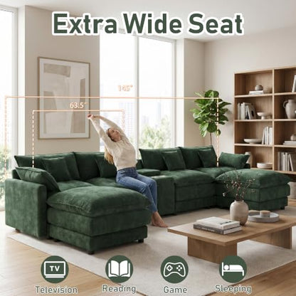145" Oversized Modular Sectional Sofa U Shaped Cloud Couch Modern 6 Seat Sofa Set for Living Room Comfy Chenille Deep Seat with Storage Central Console, Movable Ottomans, Cup Holders, USB Ports, Green