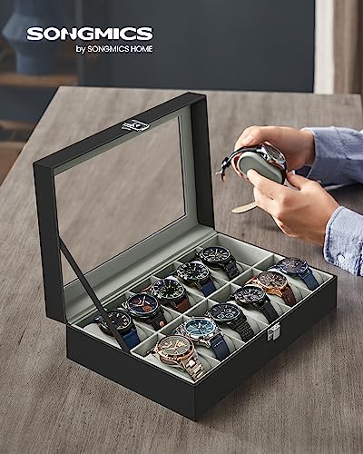 Watch Box, 12-Slot Watch Case Organizer with Large Glass Lid, Removable Pillows, view 3