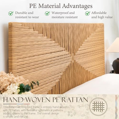 Boho Full Rattan Bed Frame with Headboard and Footboard, Hand Woven PE Wicker Bed, Mid Century Modern Metal Bedframe with Bamboo Style Design, Sturdy Metal Slats, 1000lbs, No Box Spring Needed