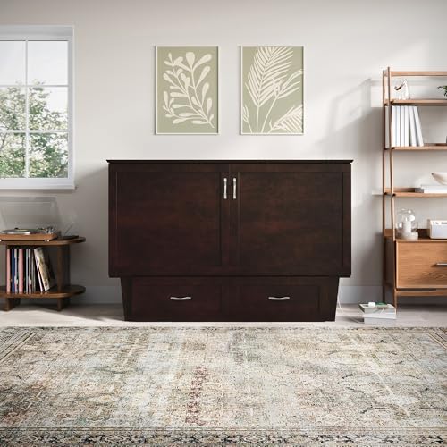 Chelsea Mid-Century Modern Queen Solid Wood Murphy Bed Chest with 6" Mattress, Storage Drawer & Built-in USB Charger, Espresso