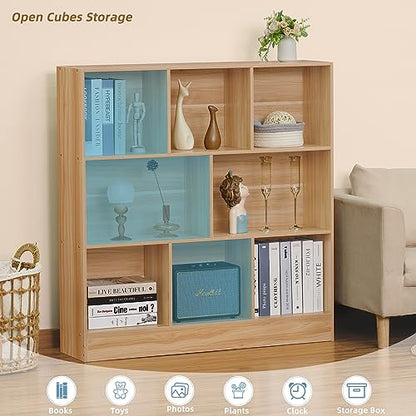 8 Cube Bookshelf with Base,3 Tier Mid-Century Modern Natural Bookcase,Standing Wide Bookshelves Storage Organizer Shelf,Rustic Wood Display Cabinet Book Shelves for Bedroom,Living Room,Office