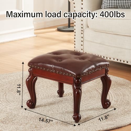 Ottoman Foot Rest, Small Leather Footstool, Vintage Living Room Ottoman, Solid Wooden Shoe Stool, Dark Brown