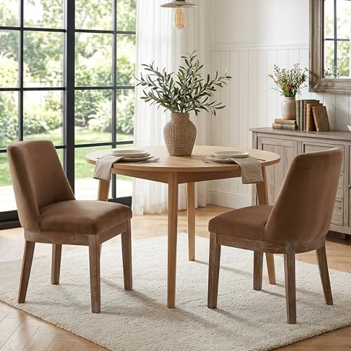 Modern Dining Chairs Set of 2 with Comfortable Back Support, Farmhouse Soft Velvet Upholstered Kitchen Dining Room Chairs with Solid Wood Legs, Armless Accent Side Chairs for Living Room, Khaki