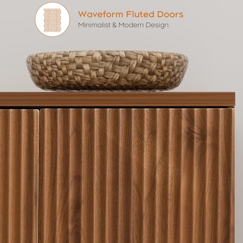 Walnut Accent Fluted Sideboard Buffet Cabinet with Storage and 4 Doors, view 5