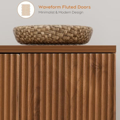 Walnut Accent Fluted Sideboard Buffet Cabinet with Storage and 4 Doors, view 5