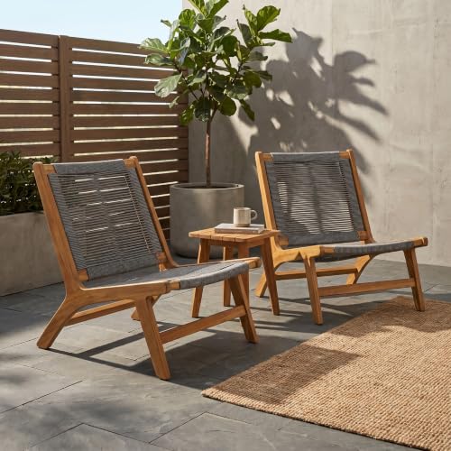 Calma Acacia Wood Patio Accent Chairs Set of 2, Outdoor Bistro Chair Set with Woven Rope Seat, Lounge Chair Outdoor for Patio Furniture Set, Teak+Grey
