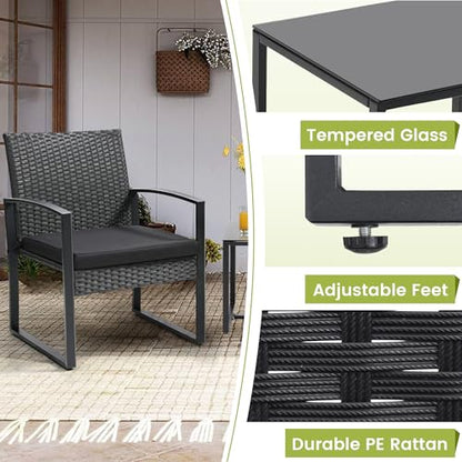 Outdoor 3-Piece Wicker Bistro Set, Rattan Patio Conversation Set with Coffee Table, for Backyard Garden Poolside, Black Frame & Black Cushion