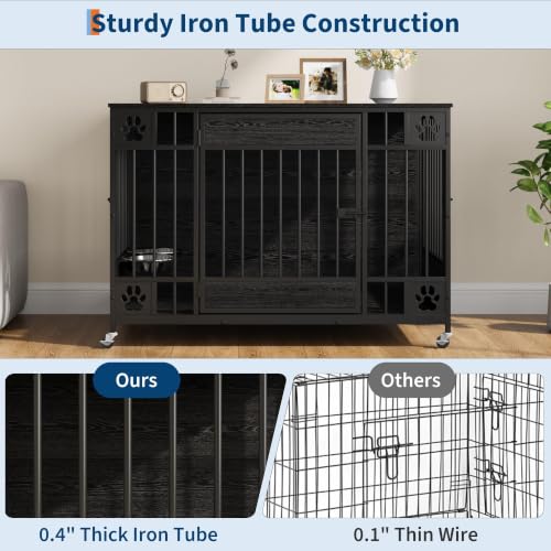 Dog Crate Furniture, 41" Large Dog Kennel with Triple Doors, Black, view 7