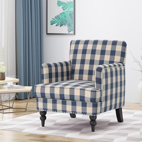 Eve Modern Upholstered Club Chair, Wooden Living Room Accent Chair, Comfy Bedroom Reading Chair, Multifunctional Armchair, Blue Checkerboard