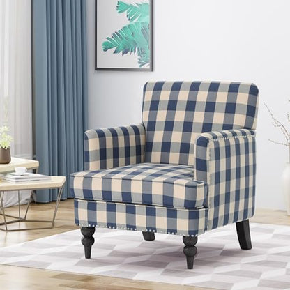 Eve Modern Upholstered Club Chair, Wooden Living Room Accent Chair, Comfy Bedroom Reading Chair, Multifunctional Armchair, Blue Checkerboard
