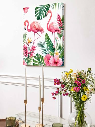 NuYeBiofx Flamingo Coastal Monstera Floral Canvas Wall Art Prints,30"x20" Framed Picture Artwork Tropical Palm Leaves Printed Canvas Oil Painting for Living Room Bedroom Office,Ready to Hang