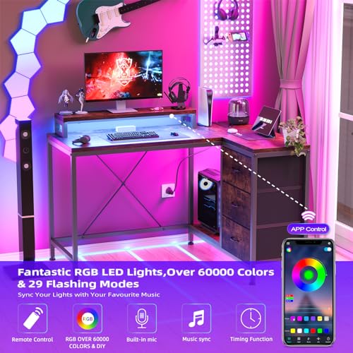 L Shaped Desk with Power Outlets & LED Lights, Computer Desk with Drawers & Shelves, Corner Desk Gaming Desk Home Office Desk, Rustic Brown
