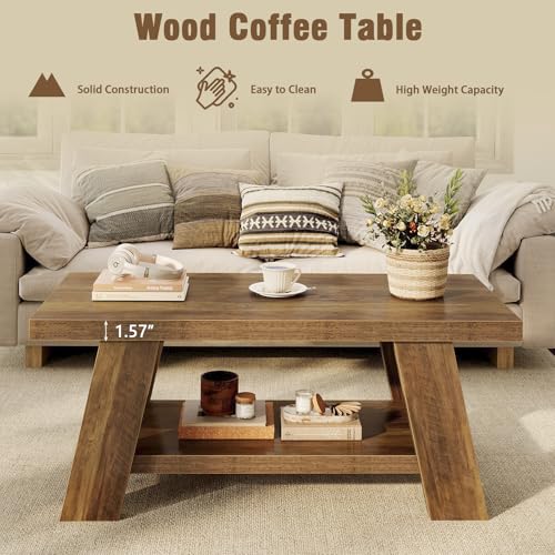 47.24" Coffee Table for Living Room, Farmhouse Wooden Coffee Table with Storage, Rectangle Rustic Accent Center Table with for Home Apartment Office, Retro Brown