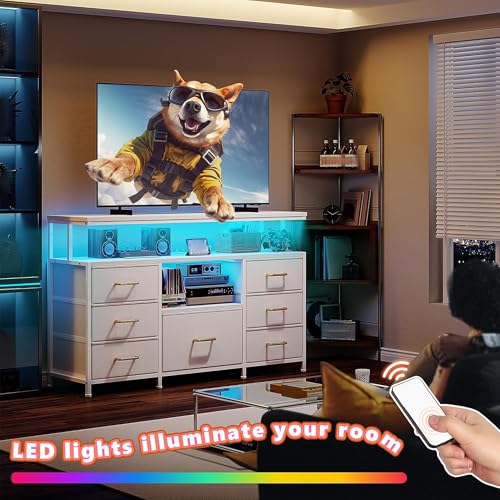 Dresser TV Stand for 55" TV, 7 Fabric Drawer Dressers and 2 Open Storage Shelves, White Dresser for Bedroom with LED Lights & Power Outlets, Closet, Entryway, Hallway, Dorm
