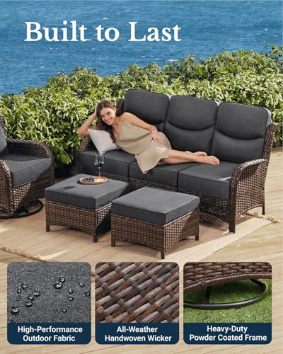 Luxury Outdoor Patio Furniture Set with 6-Inch Thick Cushions, High Back Wicker Swivel Rocker Chairs, 7 Pcs All Weather Conversation Set for Large Deck, Yard and Poolside, Gray (V3)