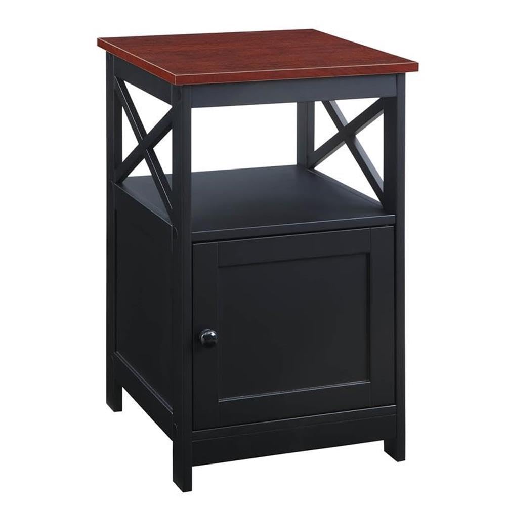 Oxford End Table with Storage Cabinet and Shelf, Cherry/Black