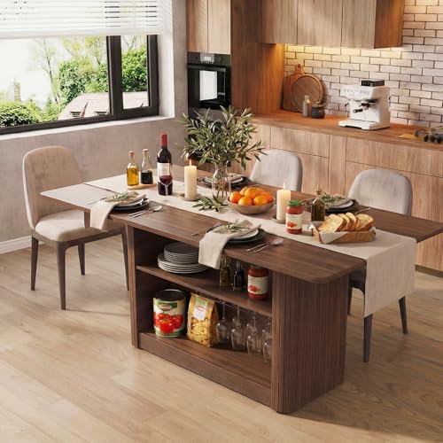 63" Dining Table with Storage, Fluted Rectangular Kitchen Table for 6 with 2-Tier Storage Shelf, Farmhouse Wood Table (Walnut)