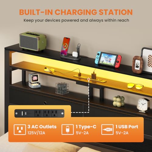 King Size Bed Frame with LED Lights and Charging Station, view 6