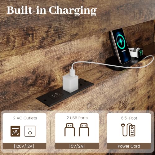 Rustic Brown 2-tier bed frame with charging station and light, view 6